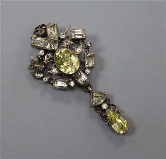 A 19th century white metal mounted paste set drop pendant brooch (a.f.), 57mm.